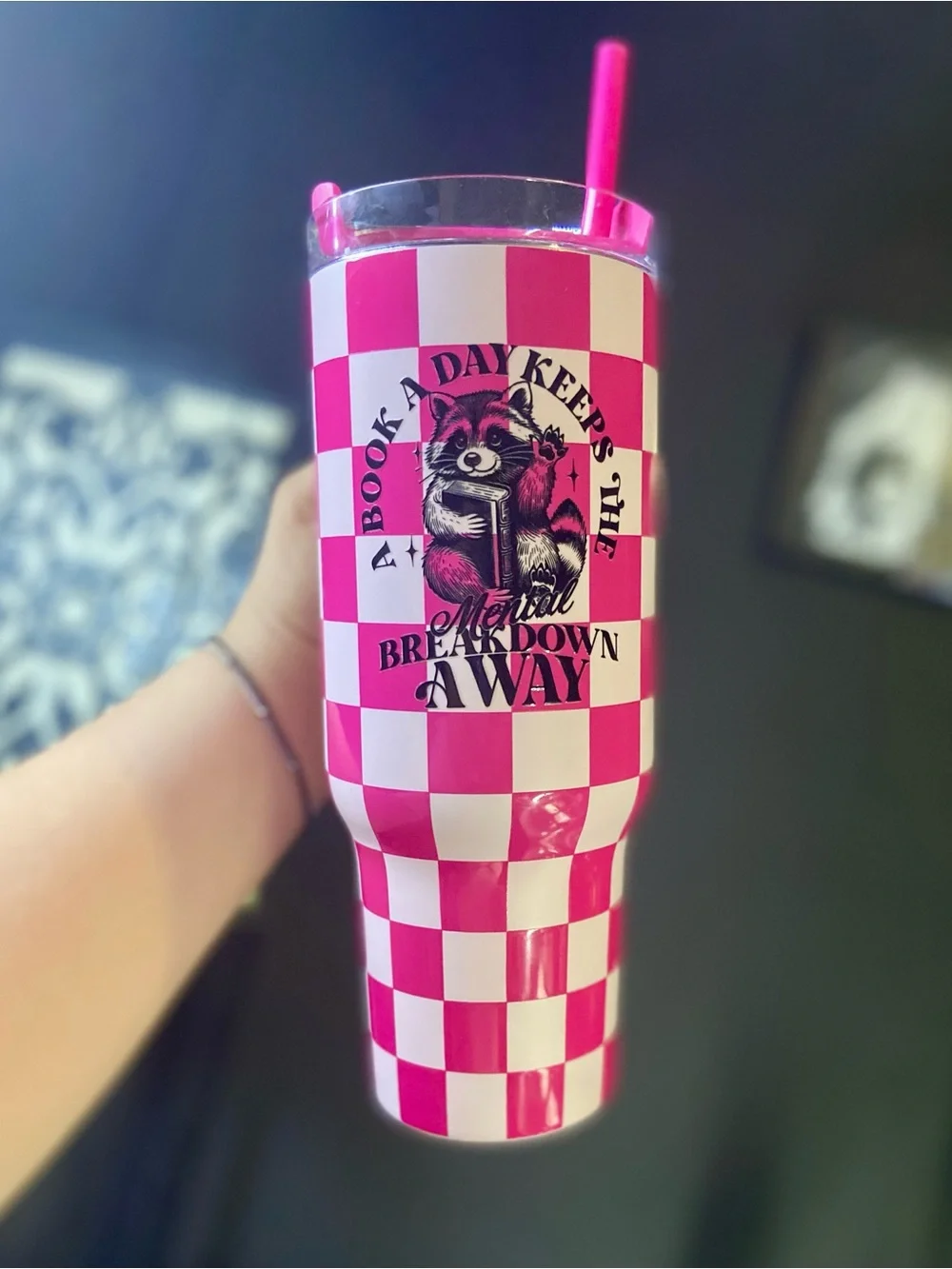 Pink Checkered Insulated Tumbler with Straw - Book Graphic
